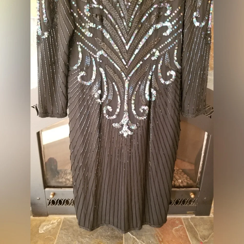 AJ Bari Beaded Silk Formal Dress With Illusion Neck and Long Sleeves Midi Length
